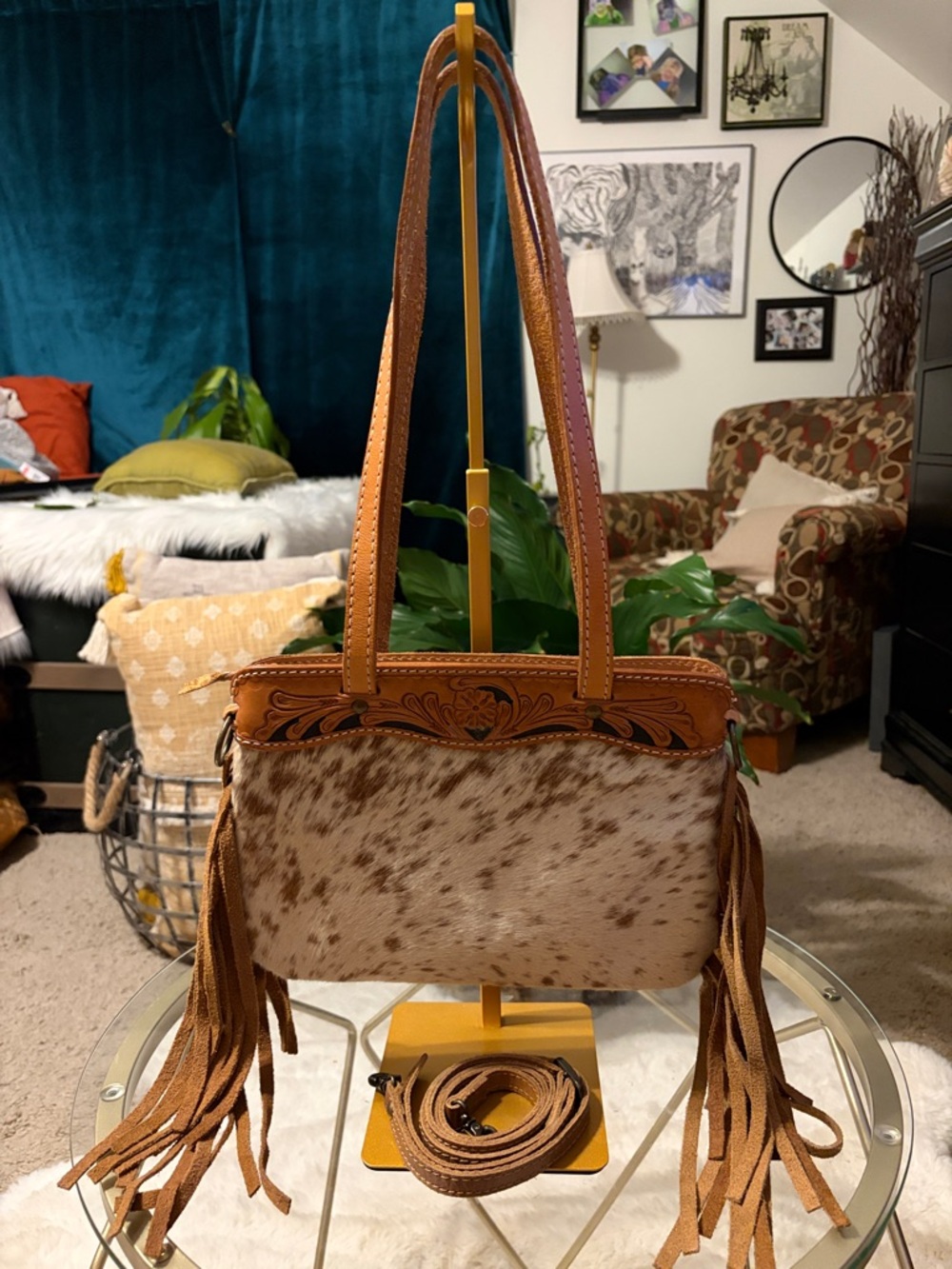 American Darling Tan Brown Haircalf Fringe Shoulder Bag